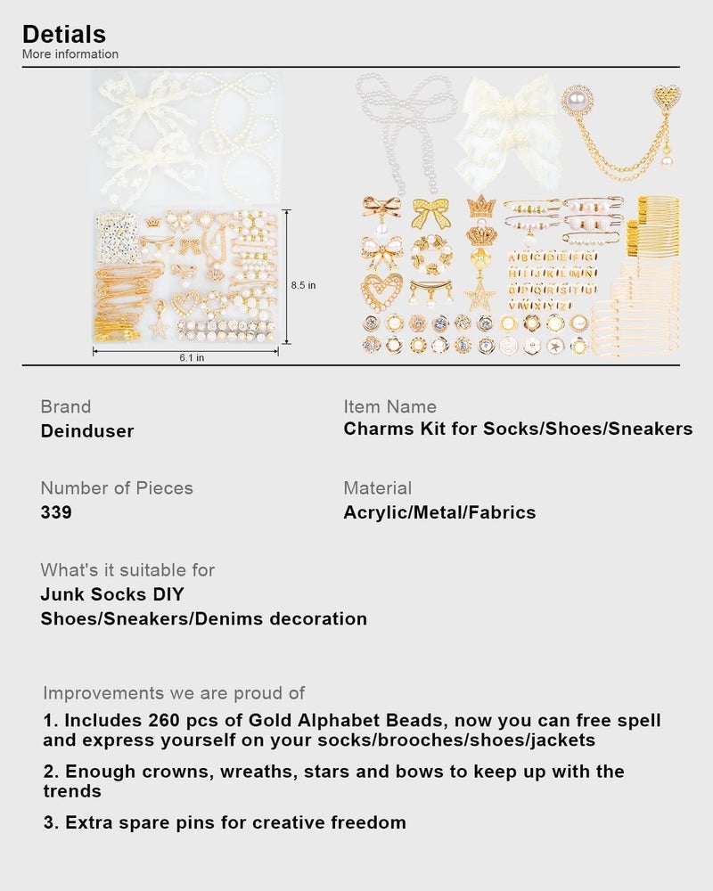 Deinduser Shoe Charms for Sneakers, Junk Socks Charms Kit for Women, Bling Junk Sneaker Charm Set, Gold Shoelace Charm with Pearl Bows and Letters - Image 5